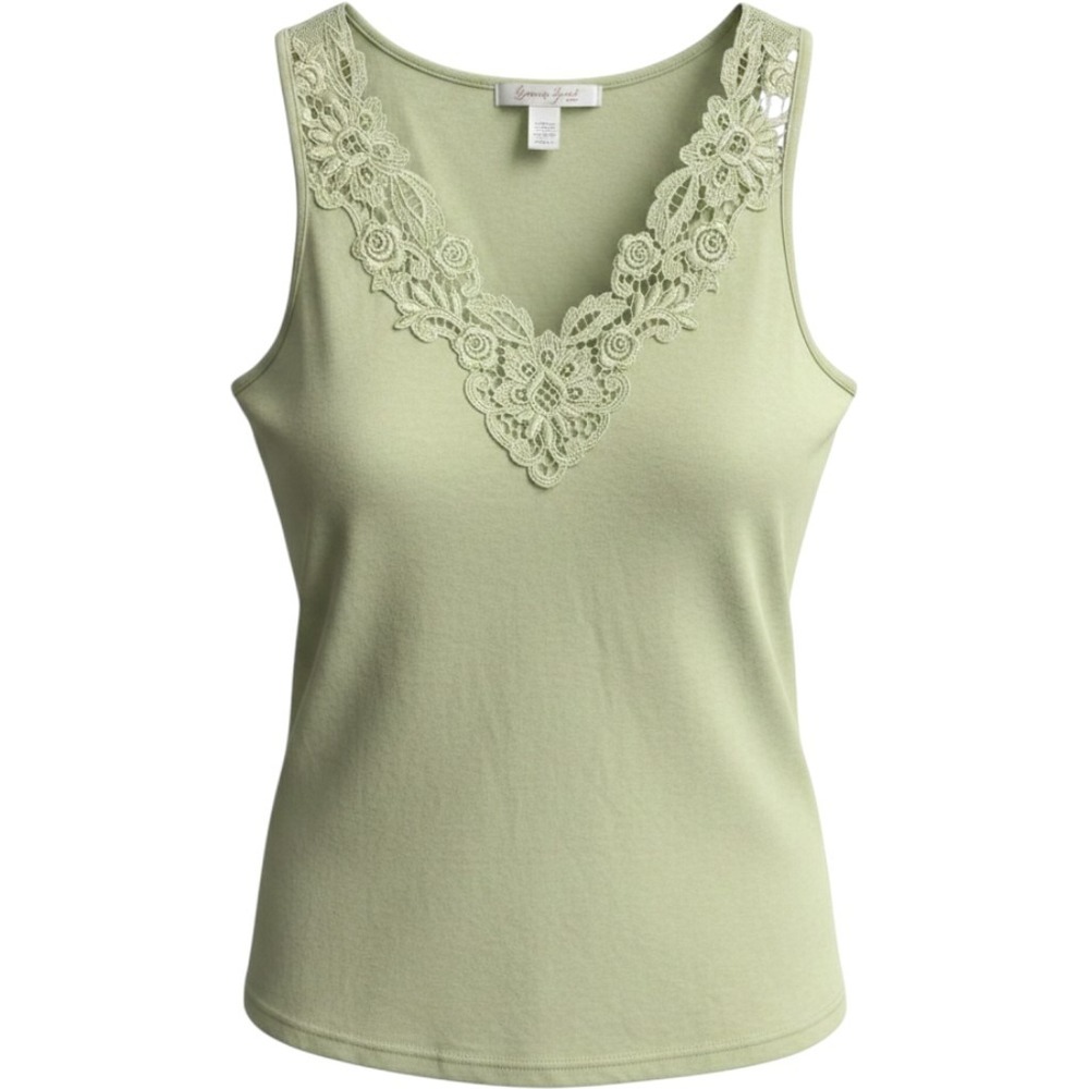 Emma James Liz Claiborne Green Lace Trim V-Neck Tank Top Sleeveless Large